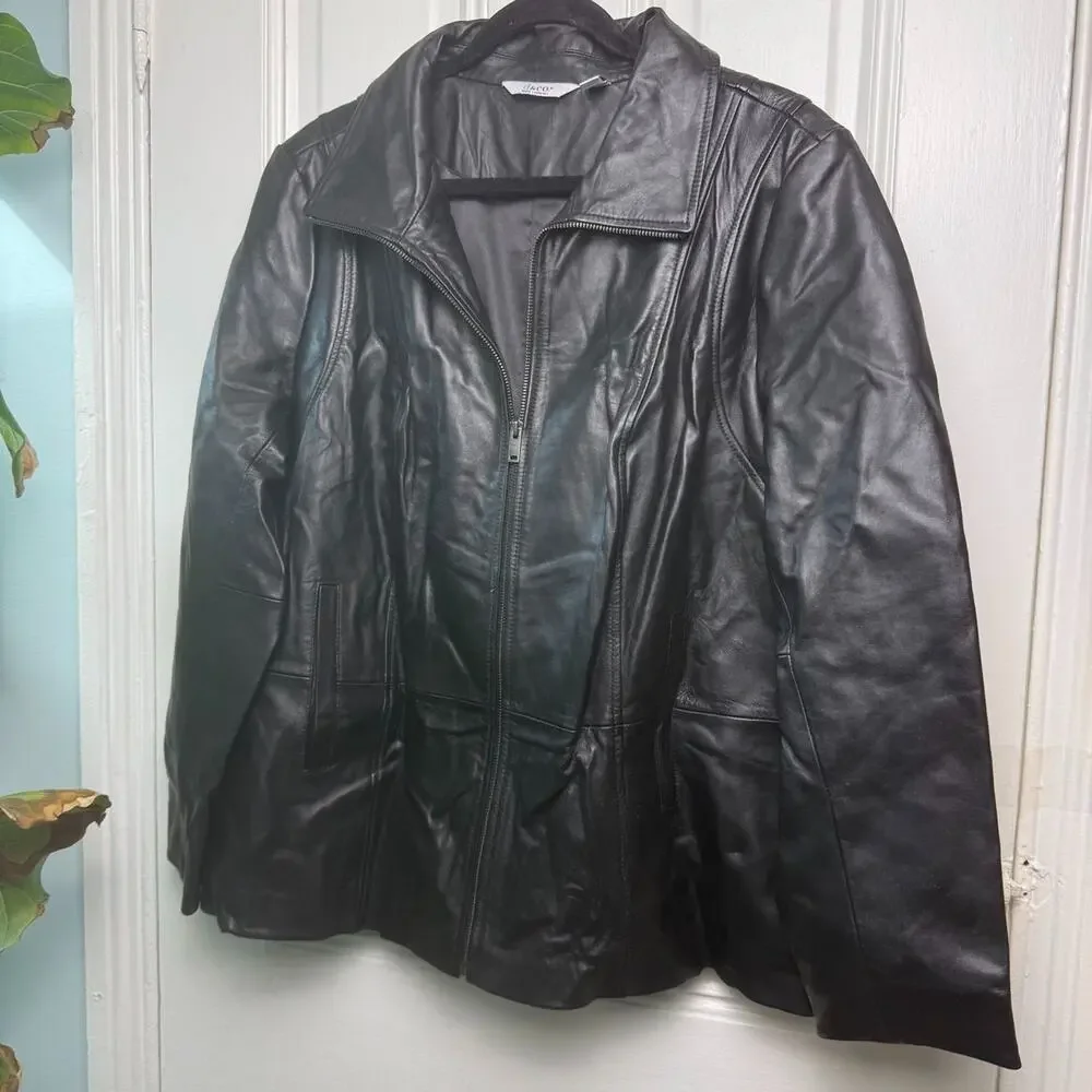 D&Co Womens Leather Seamed Jacket Pockets Zip Black 2X *FLAW*